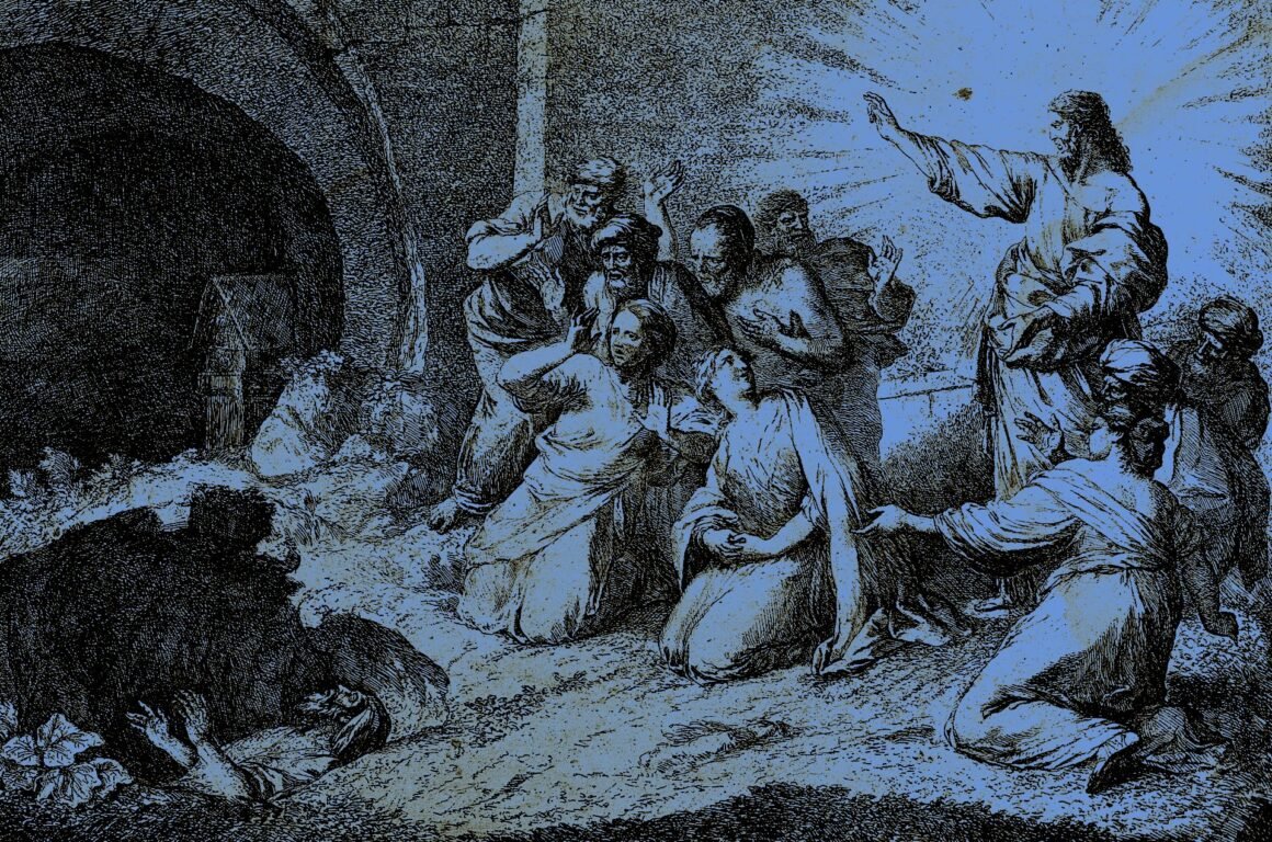 Christ raises Lazarus from his tomb. Etching.