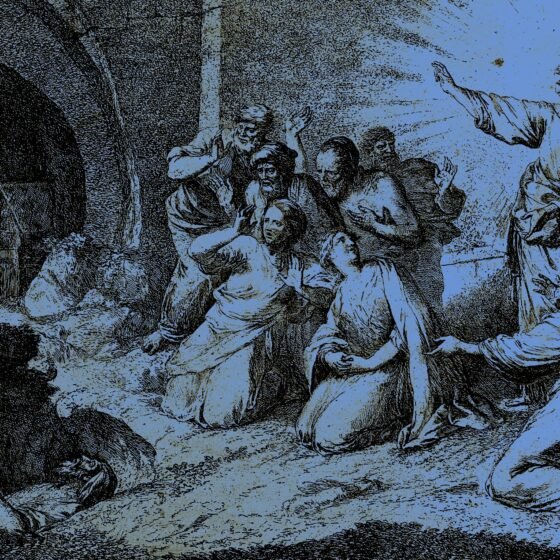 Christ raises Lazarus from his tomb. Etching.