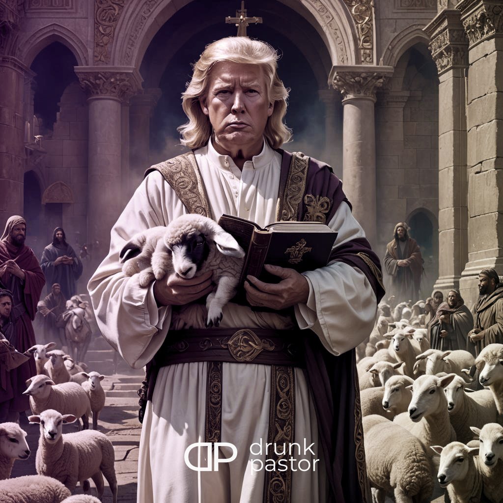 President Trump dressed like Jesus with a Bible and sheep. 