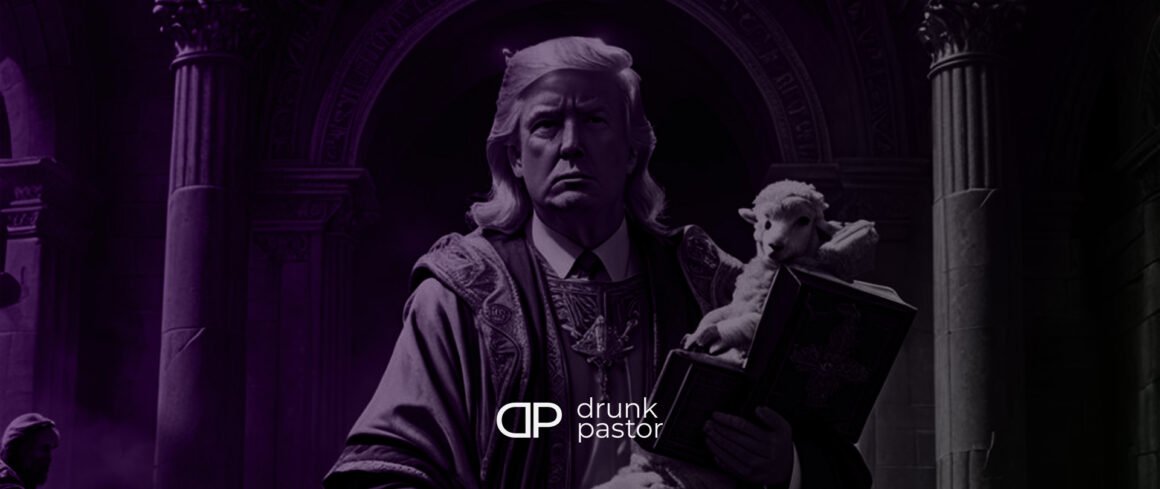 We Could Be AntiChrist - President Donald Trump dressed like Jesus, holding lambs and a bible.