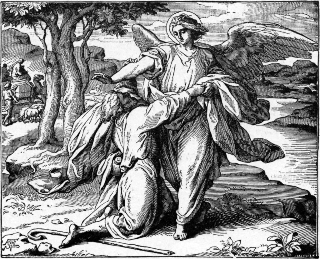 Jacob Wrestles with The Angel of The Lord all night, before seeing Esau the next day.