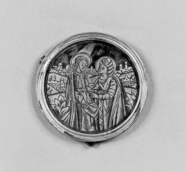 Flemish - Hat Badge Badge
"the visit the Virgin Mary paid to her cousin Elizabeth, when both were pregnant with the sons who would become Jesus Christ and John the Baptist."