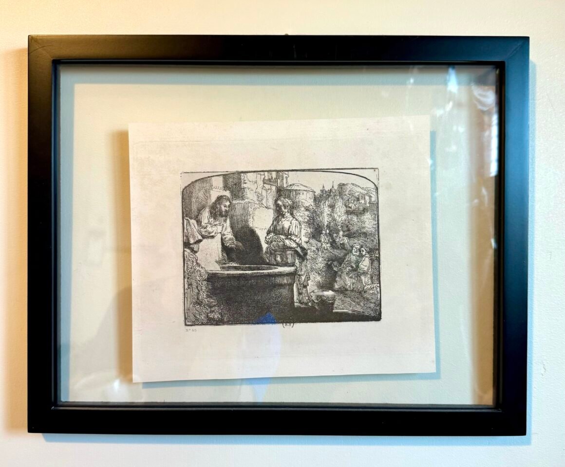 Bible lithograph of Jacob's well , Jesus, and woman