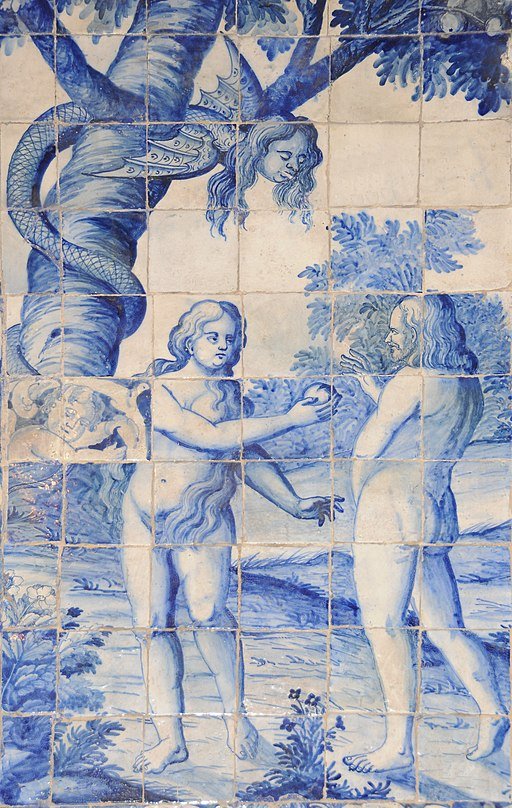  Temptation of Adam and Eve by female serpent (Lilith) in Azulejos in Coimbras Chapel, Braga, Portugal.