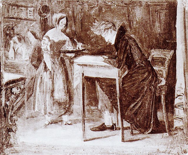 Sketch of Kierkergaard writing at desk