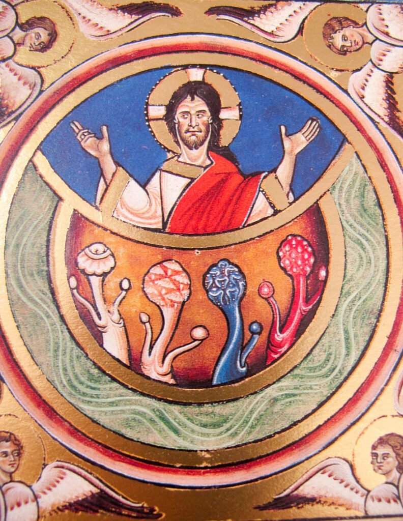 Mushroom artwork with Jesus from the 12th-century Canterbury Psalter