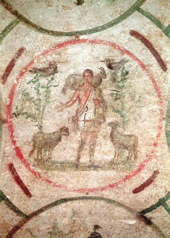 The Good Shepherd of Jesus fresco in the Catacombs of Priscilla on the Via Salaria in Rome