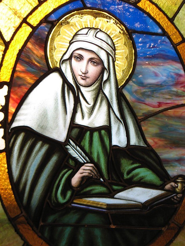 St. Bridget of Sweden on a church window with a halo.