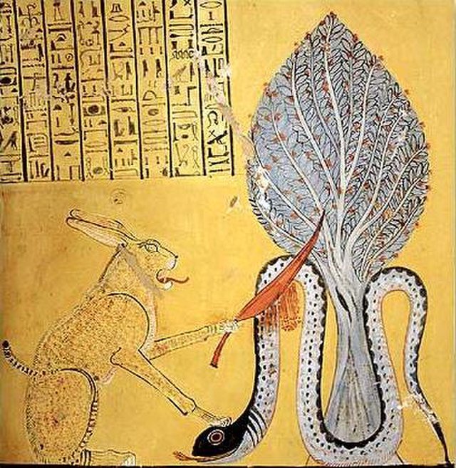 Ancient Egyptian art depicting Mahes battling a deity (Apophis), with an Acacia tree