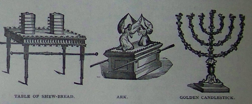 Shew bread, menorah, lampstand, ark of the covenant, made of acacia