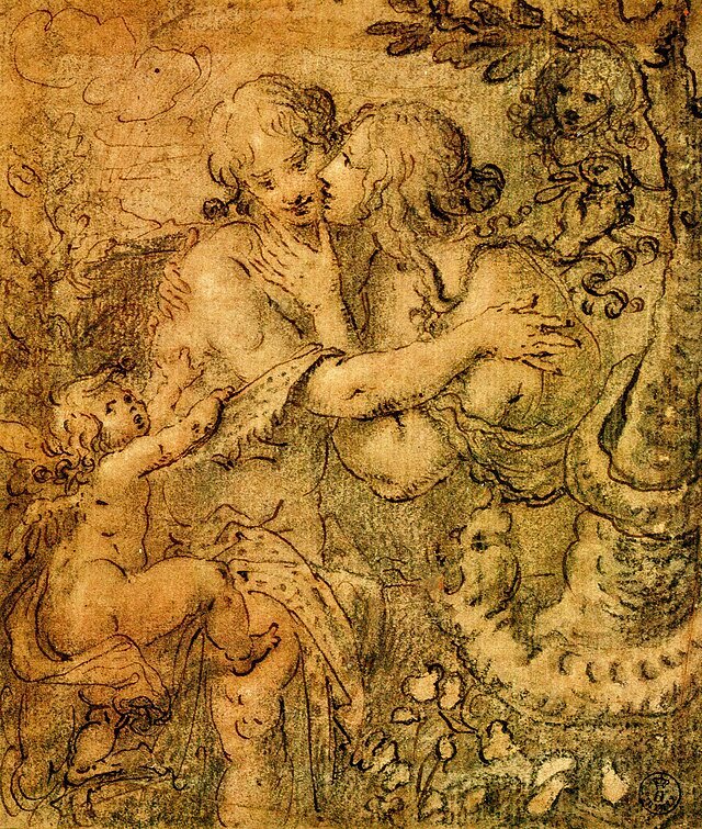 Temptation of Eve by serpent as a woman (i.e. Lilith)