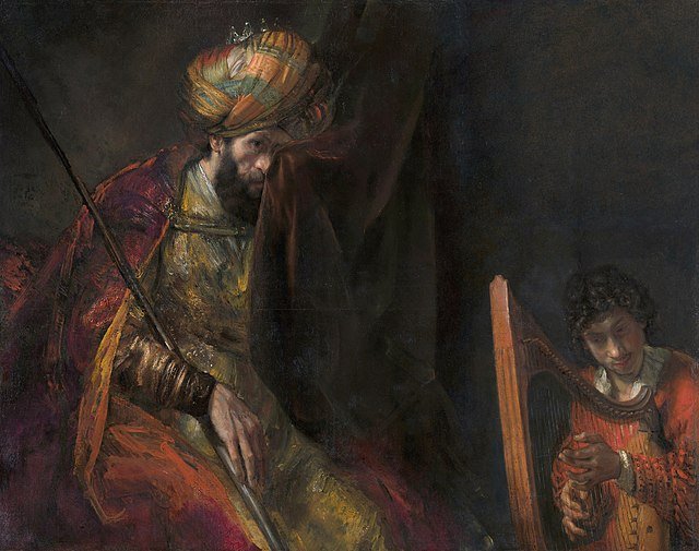 Tormented King Saul with David playing music