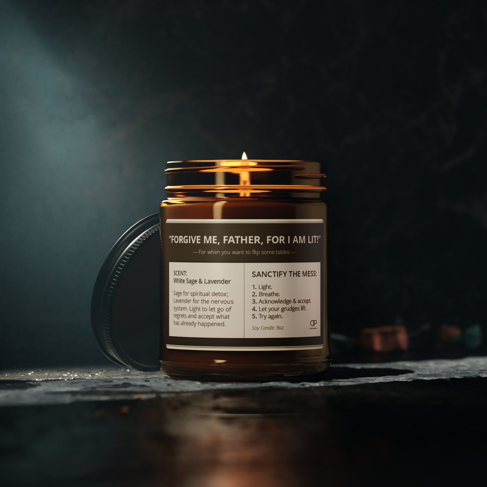 "Forgive Me, Father, For I Am Lit" Soy Candle — Sage & Lavender Amber Jar (9oz) - Image 4