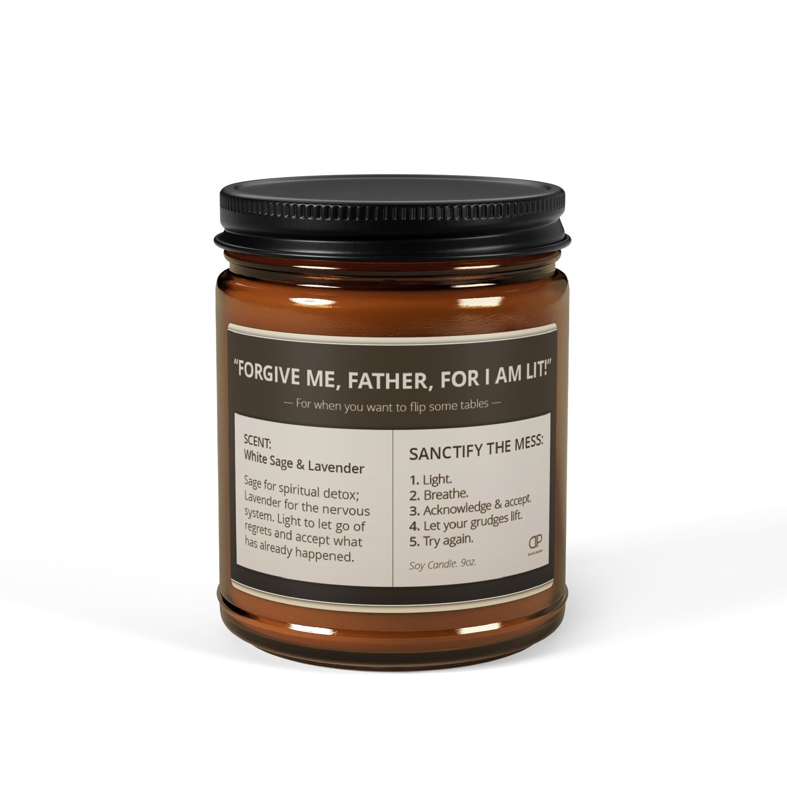 "Forgive Me, Father, For I Am Lit" Soy Candle — Sage & Lavender Amber Jar (9oz)