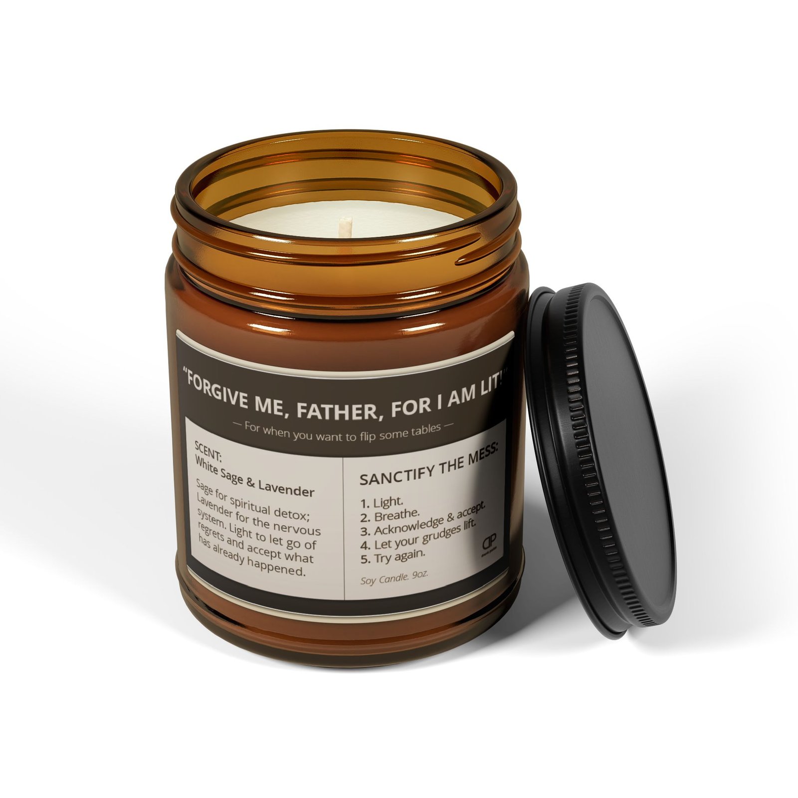 "Forgive Me, Father, For I Am Lit" Soy Candle — Sage & Lavender Amber Jar (9oz) - Image 2