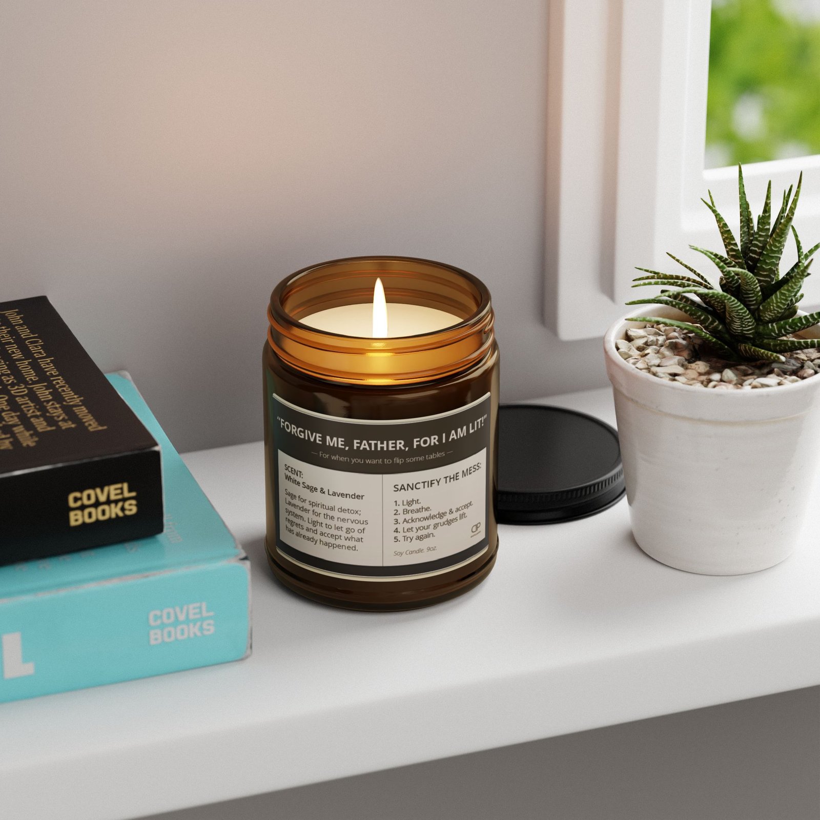 "Forgive Me, Father, For I Am Lit" Soy Candle — Sage & Lavender Amber Jar (9oz) - Image 3